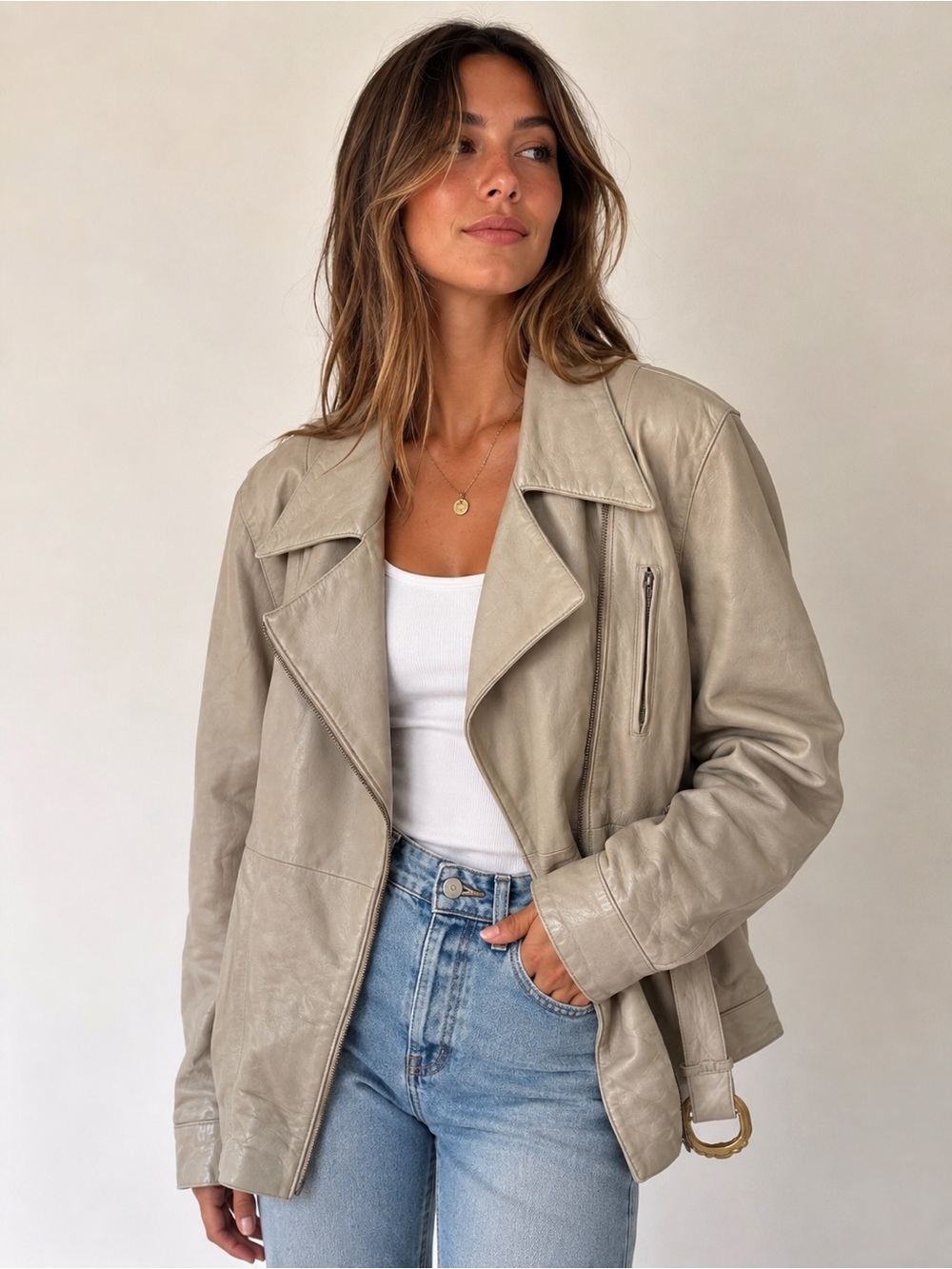 Vintage 90s Butter Soft Leather Belted Jacket Beige Size Large Minimalist Fall